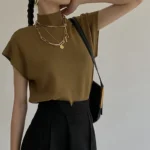 Fashion Vest Shirt Solid Stand-up Collar Knitted Sweater Short Sleeve Office - Image 5