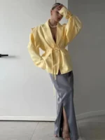 Street Lace Up Women's Blazer Yellow Long Sleeve Lapel Single Button Suit Jacket - Image 4