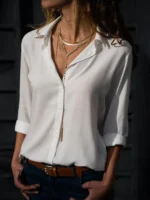 Women Elegant Solid Chiffon Blouse Spring Summer Casual Long Sleeve V Neck - Image 4