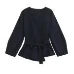 Spring Women Shoulder Pad Belt Knit Blazer Women Retro V-neck Long Sleeve - Image 2