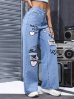 Women's High Waist Button Up Butterfly Print Jeans Fashion - Image 5