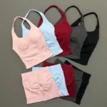 2 Pieces Shorts Yoga Set Women Backless Halter Tops High Waist Seamless Shorts Gym Suit - Image 2