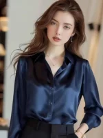 Elegant Silk Office Shirts Women Korean Fashion Y2k Clothes Slim Long Sleeve - Image 2