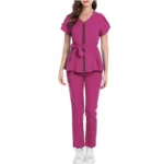Women's Nurse Scrub Set V-Neck Short Sleeve Zipper Belted Multi-Color Long Pants