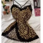 Leopard Silk Satin Women Nightgown Sleeveless Side Split Lace Sleepwear V Neck