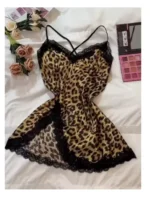 Leopard Silk Satin Women Nightgown Sleeveless Side Split Lace Sleepwear V Neck