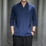 Shirts Men Solid Pullover V Neck Three Quarter Mens Kimono Shirts Traditional Streetwear - Image 3