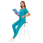 Wholesale 7 Colors Zipper V-neck Short Sleeve Pocket Nursing Working Top Pants Uniform - Image 2