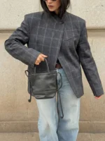 HH Women Fashion Plaid Blazer Coat Stand Collar Long Sleeve Jacket
