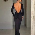 Hugcitar Spring Elegant Long Sleeve Backless Solid Cuched Sexy Bodycon Maxi Prom Dress