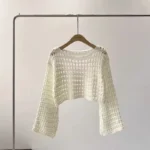 Long Sleeve Crochet Knit Top Summer Beach Bikini Cover Up Crop Pullover - Image 6