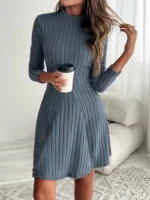 Women's slim fit half high collar waist cinched A-line skirt long sleeved pit stripe dress - Image 4