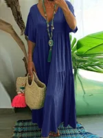 plus Size Women's Casual Loose V-Neck Solid Long Dress - Image 5