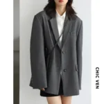 CHICVEN Women Office Lady Blazer Cuff Embroidery Wide Shoulder Twill Suit - Image 3