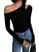 Fashion Skew Collar Off-shoulder Long-sleeved T-shirts Slim Fit Crop Top Sexy - Image 6
