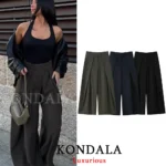 KONDALA Casual Chic Wide Leg Pants Women Office Lady Pockets Pleated Long Trousers