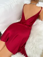 Solid Satin Split Slip Nightdress Elegant V Neck Backless Spaghetti Strap Sleep Dress - Image 2