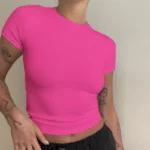 Woman Clothing Short Sleeve T-shirt Slim Fit Tops Female O-Neck Knitted Sheath - Image 4