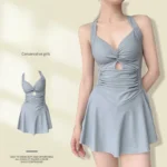 Swimming Suit for Women Solid Color Slimming One-piece Dress Style Conservative Waist