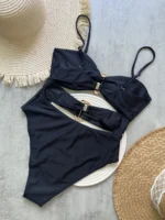 3 Colors Sexy Metal Rings Cut Out Women Swimwear One Piece Swimsuit - Image 2