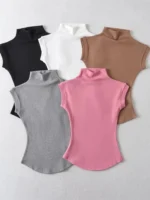 Women Summer Sexy Turtleneck Sleeveless T-Shirts Tops Solid Slim Fit Pullovers