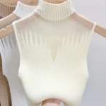 Mesh Knitted Top Women Y2K Tank Top Half Neck Vest Female Sleeveless Sweater