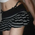 2026 Summer New Women's Wear Y2K Grunge Black and Grey Striped Ruffle Mini Skirt