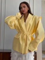 Street Lace Up Women's Blazer Yellow Long Sleeve Lapel Single Button Suit Jacket - Image 5