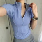 Women Summer Slim Yoga Tops Stand Collar Full Zipper Short Sleeves Shirts