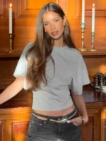 Gray Cropped T-shirt Women's O-neck Corset Tops Fashion Casual Solid Streetwear