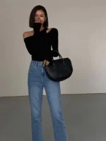 Fashion Skew Collar Off-shoulder Long-sleeved T-shirts Slim Fit Crop Top Sexy - Image 3