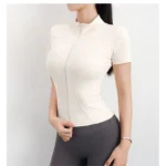 Women Summer Slim Yoga Tops Stand Collar Full Zipper Short Sleeves Shirts - Image 3