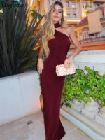 Hugcitar Halter Solid Sleeveless Backless Ruched Sexy Bodycon Maxi Prom Dress - Image 4