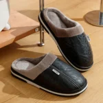 Mens Winter Slippers PU Leather Waterproof Indoor House Shoes