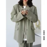 CHICVEN Women Office Lady Blazer Cuff Embroidery Wide Shoulder Twill Suit - Image 2
