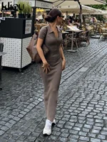 Kliou Elegant Office Lady Maxi Dress Women Solid Fashion Turn-down Collar Short Sleeve - Image 3