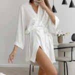 Women Wedding White Bride Robe Morning Gown 3/4 Sleeve Sleepwear Loose Nightgown - Image 2