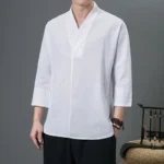 Shirts Men Solid Pullover V Neck Three Quarter Mens Kimono Shirts Traditional Streetwear - Image 4