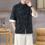 Men's Lightweight Mandarin Collar Printed Shirt Summer Chinese Style - Image 3