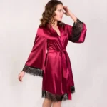 Sexy Women's Kimono Robe Lace Trimmed Satin Nightgown Bridal Wedding Sleepwear - Image 3