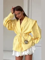 Street Lace Up Women's Blazer Yellow Long Sleeve Lapel Single Button Suit Jacket - Image 6