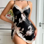 Leopard Silk Satin Women Nightgown Sleeveless Side Split Lace Sleepwear V Neck - Image 3