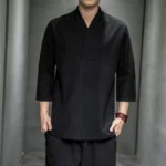 Shirts Men Solid Pullover V Neck Three Quarter Mens Kimono Shirts Traditional Streetwear - Image 2