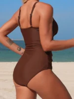 One Piece Solid Swimsuit Women 2026 Plain Ruched Swimwear Slim V Neck Bodysuit - Image 2