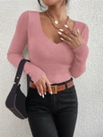 2026 Autumn Winter Women Solid Rib Knit V Neck Stripe Pull Sweater - Image 4