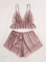 Lace Trim Cami Top With Satin Shorts Pajama Set For Women - Image 2