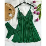 Summer Soft Sheer Nighty Pajamas Nightgowns Dark Green Halter Dress Women Sleepwear - Image 2