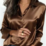 Women's Satin Button-Up Blouse, Elegant Collared Shirt for Office or Casual Wear