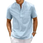 Cotton Linen Shirt Men Henley Neck Pocket Casual Beach Short Sleeve - Image 4