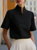 Split Neck Short Sleeve Blouse Women Elegant Stand Collar Half Sleeve Top Office Lady - Image 5